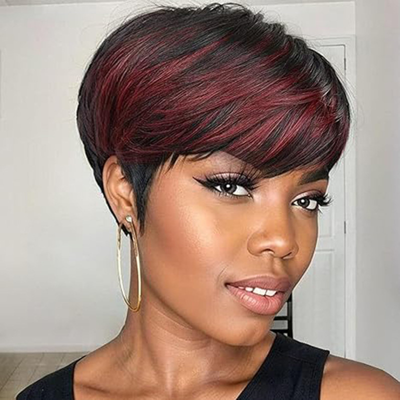 Human Hair Elf Cut Wigs Short Wigs with Bangs Black Women's Layered Glue-free Wigs Fully Machine-made