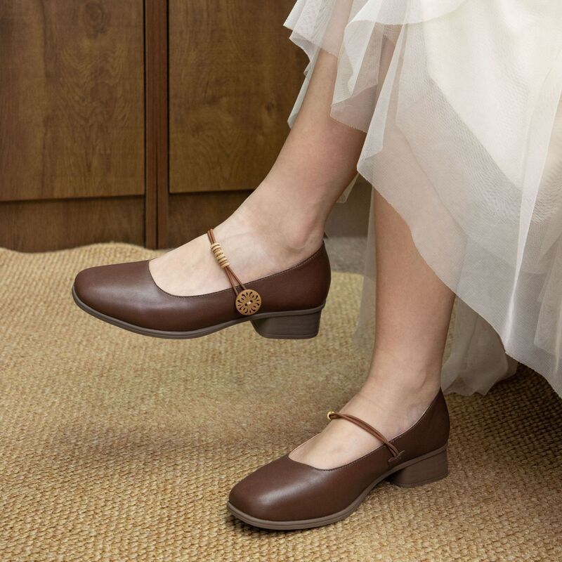 2026 Spring/Summer Bright Color Sheepskin Mary Jane Shoes for Women, Square Toe, Mid-Heel, Elegant and Versatile Genuine Leather Flats, in Stock Wholesale