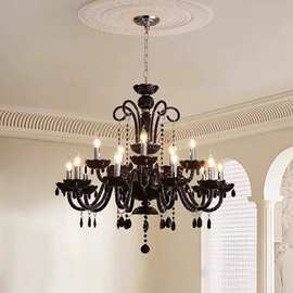 轻奢法式水晶吊灯欧式复古客厅主灯中古餐厅黑色蜡烛高级感卧室灯