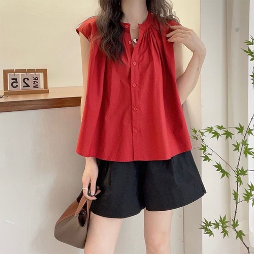 2025 Summer Fashion New Simple Pleated Flapping Sleeve Women's Sweet Korean Version Blouse Tops