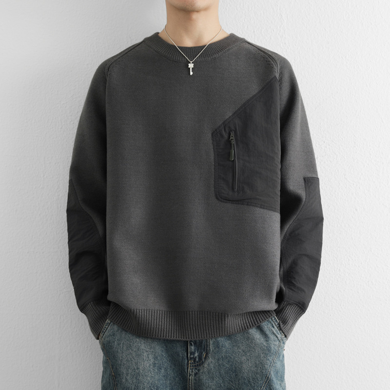 2026 Autumn New Men's Round Neck Top, Solid Color Patchwork, Casual Old Money Style, Solid Color Sweatshirt, Men's Knitwear