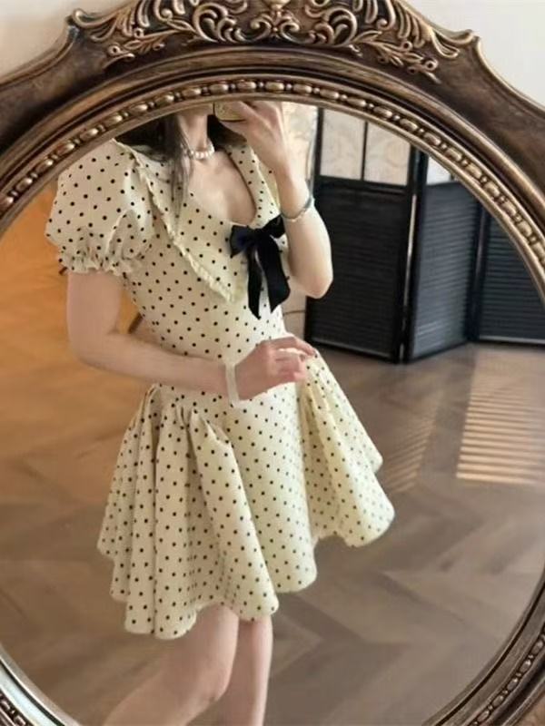 フレンチスタイルのリボン半袖水玉ドレス女性のための夏の新しいウエスト痩身シックで美しいスカート|undefined