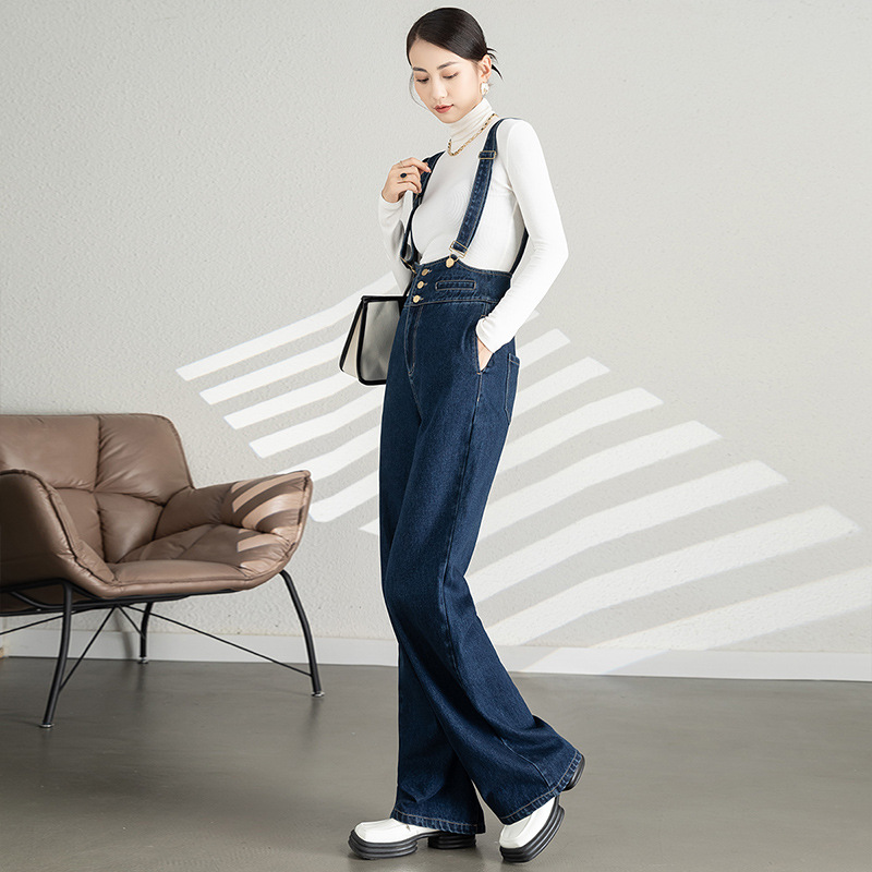 Quần yếm denim nữ dáng rộng ống rộng cạp cao ống thẳng — Màu xanh lam