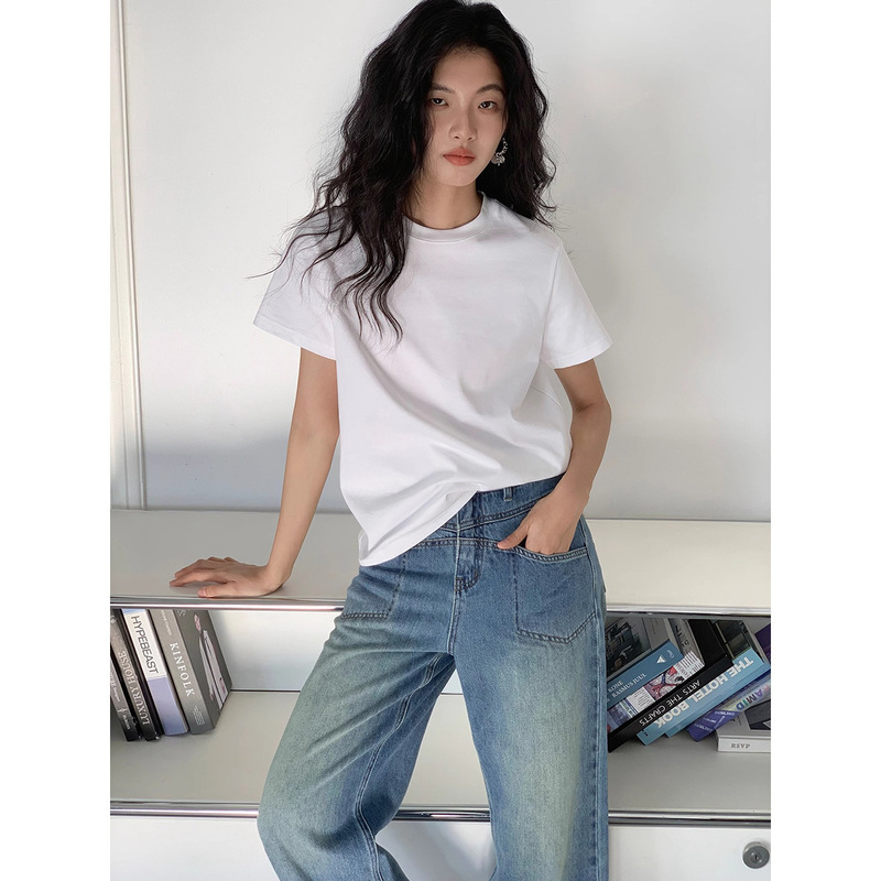 2998# EM August White Simple Joker Cotton Short Sleeve T-shirt Summer New Round Neck Casual Slim Top