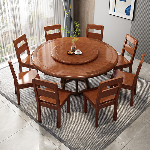 Walnut solid wood dining table and chair combination Chinese style household small apartment round table dining table for 6 people and 8 people revolving restaurant furniture