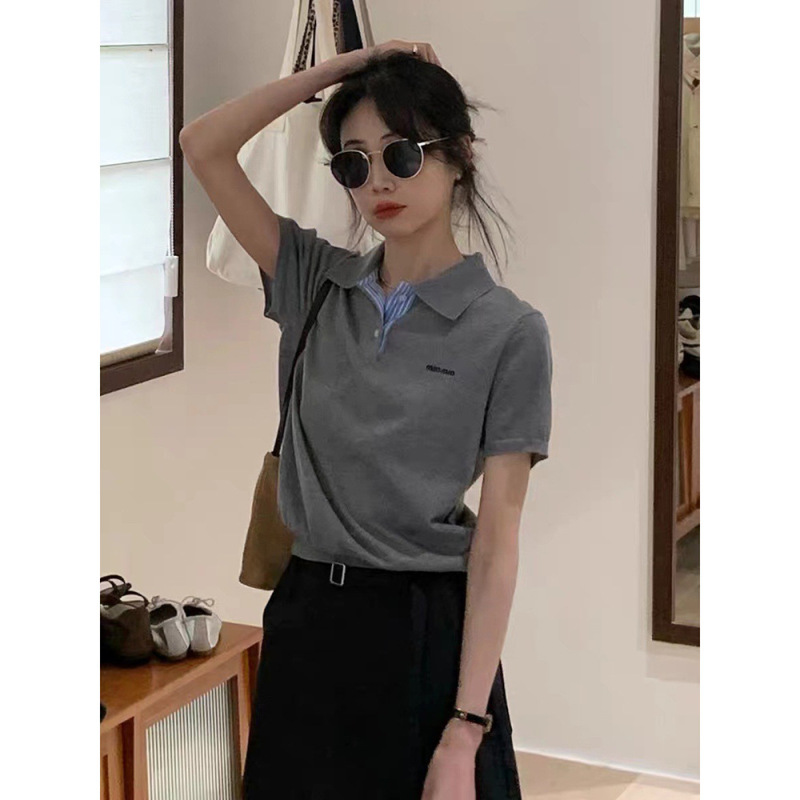 Korean-Style Gray Faux Two-Piece Polo Collar Knit Short-Sleeve Women's Top, 2026 Summer New Thin Model Korean-Style Gray Faux Two-Piece Polo Collar Knit Short-Sleeve Women's Top, 2026 Summer New Thin Model