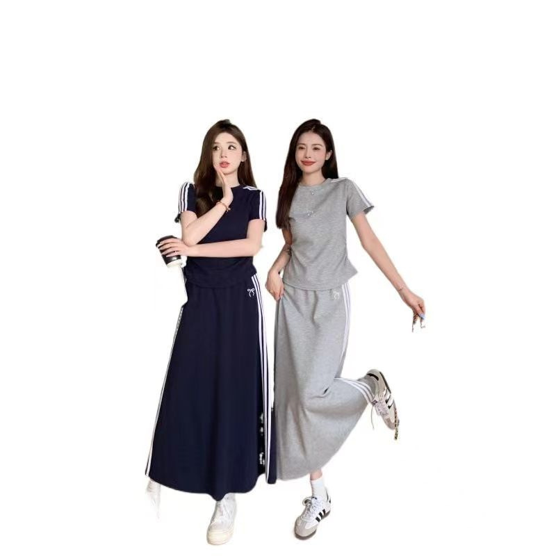 慵懒风休闲时尚套装女三条杠短袖t恤夏季高腰A字裙运动风两件套潮|undefined