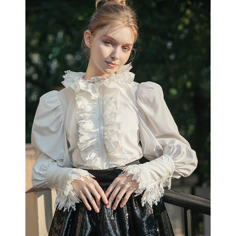 Cross-border Designer French Style Fashionable Dress Shirt High-grade Retro Court Style Llace Collar Shirt for Women