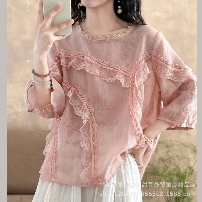 Lace Patchwork Embroidered Ramie Top 2026 Summer New Loose Versatile Lantern Sleeve Shirt T-Shirt