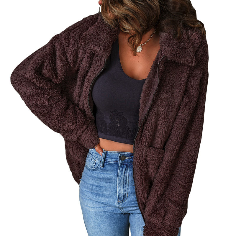 时颖毛绒外套女秋冬新款亚马逊翻领夹克外套女 欧美女装跨境