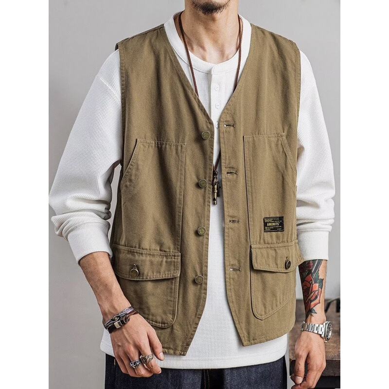 Trendy New Style Popular Art Single-breasted Elegant Harajuku Chao Brand American Style Tooling Vest Men's Ins Hong Kong Style V-neck