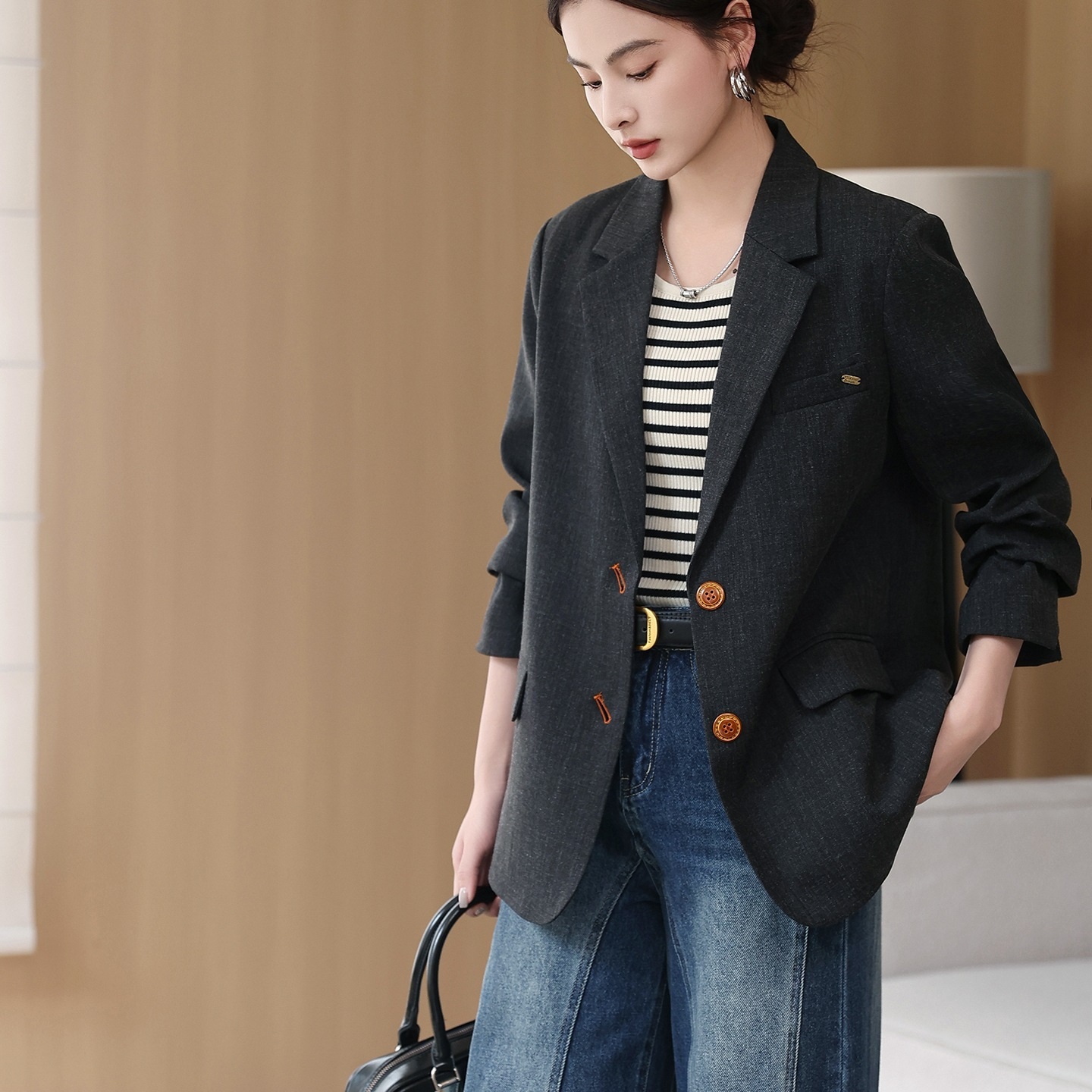 Retro Style Suit Jacket for Women Korean Style 2025 Autum New Style Small Casual Suit for Age Reduction