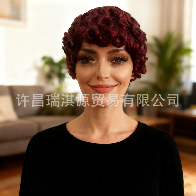 99J European and American Cross-Border Best-Selling Pixie Cut Short Curly Glueless Wig Burgundy Full Machine-Made 100% Human Hair