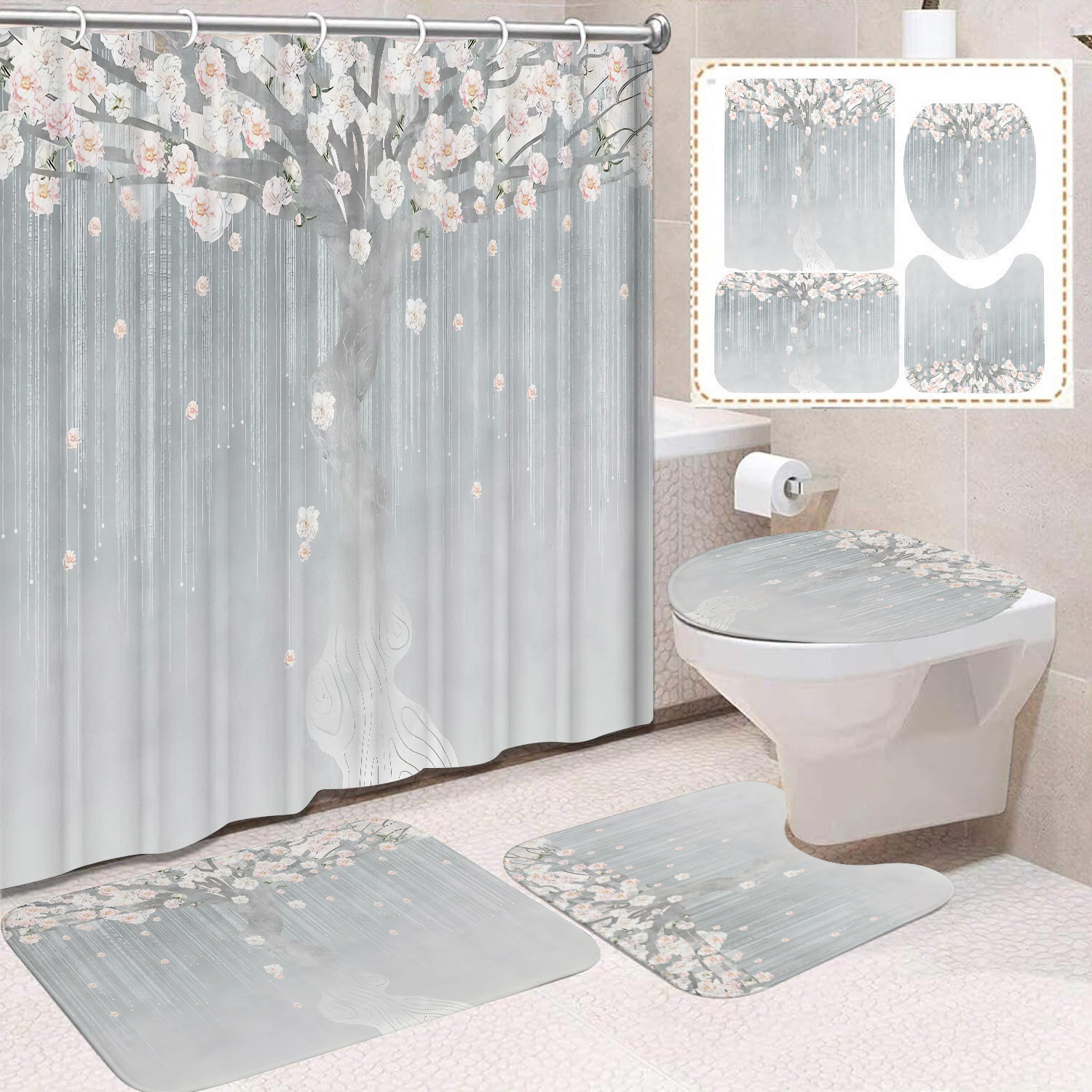 Flor blanca cortina de baño inodoro cortina de partición impermeable de baño cortina de lavado separación seca y húmeda cortina de puerta colgante sin agujeros
