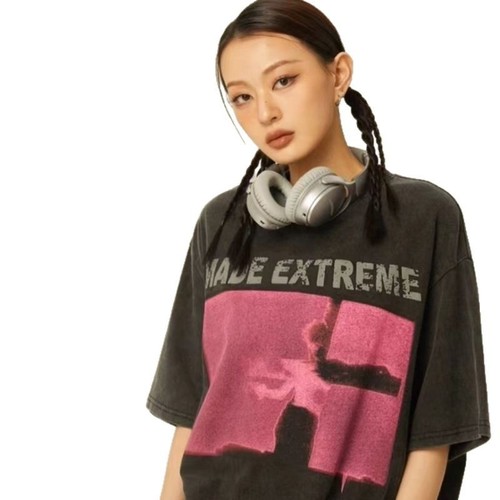 American retro couple's wash water short-sleeved T-shirt for women in summer loose street washing old niche loose top