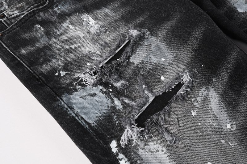Men's Distressed Slim Fit Jeans Black Grey Washed Denim Pants with Paint Splatter And Knee Rips Streetwear Skinny Trousers_mkmklike.com