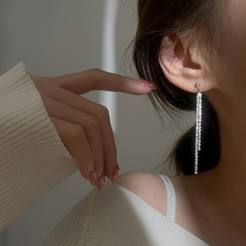Korean style tassel long earrings cold style ins sparkling earrings silver long thin glittering baby's breath earrings