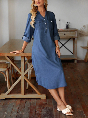Women's European and American Spring/Summer/Fall Casual V-Neck Denim Dress with Flap Pockets, Side Hem A-Line Skirt