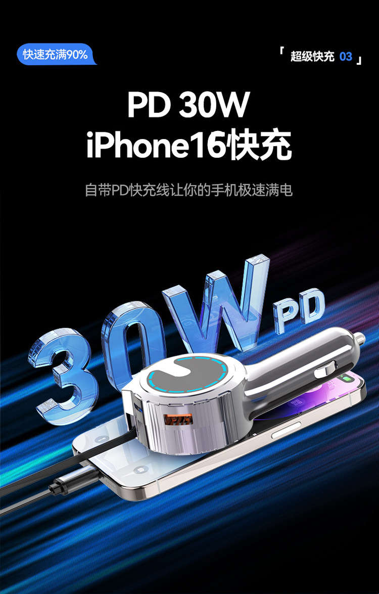 Longqi's New Pd30W Car Charger Comes with a Typec Retractable Cable and Is a Multifunctional Car Mobile Phone Charger