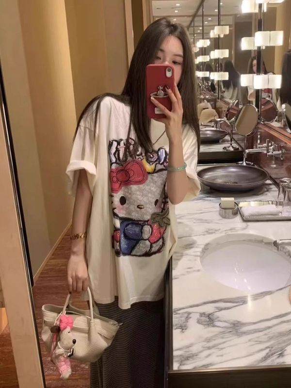 纯棉HelloKitty印花白色短袖T恤女夏季慵懒风宽松洋气时髦上衣潮|undefined