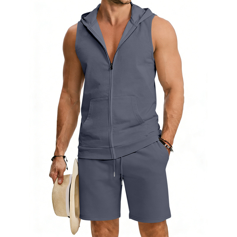Men's Zip-Front Sleeveless Hoodie And Shorts Set Lightweight Athletic Gym Wear for Summer Workouts And Casual Street Style_viptrois.com