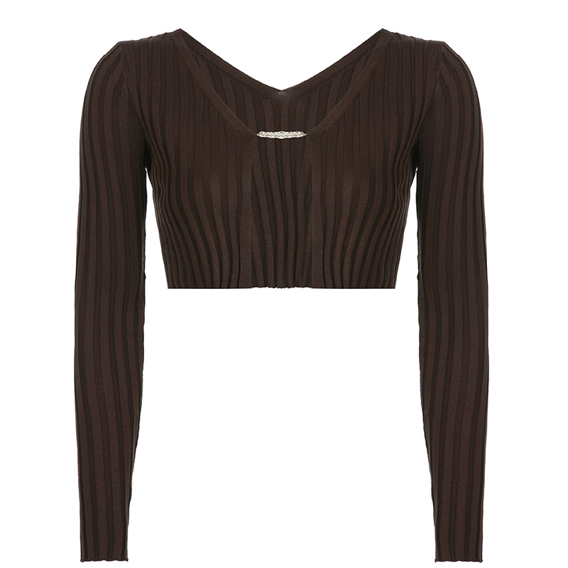 sexy solid color long-sleeved knitted metal chain cardigan top NSSSN119658