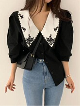 O 28044 Retro Embroidered Puff Sleeve Shirt ���Ŵ������