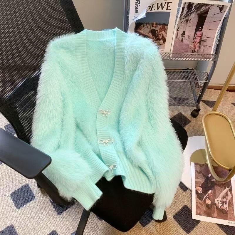 Autumn and Winter New Korean Style Imitation Mink Soft and Delicate V-Neck Bow Knit Sweater Exquisite Cardigan Women's Outerwear Autumn and Winter New Korean Style Imitation Mink Soft and Delicate V-Neck Bow Knit Sweater Exquisite Cardigan Women's Outerwear