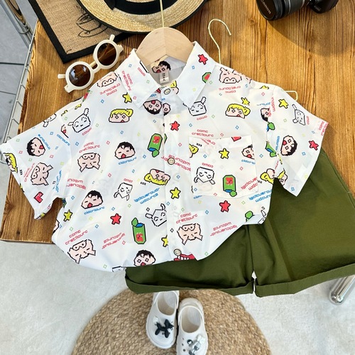 Summer refreshing and casual new 2024 children's shirt Crayon Shin-chan trendy and handsome printed short-sleeved boys' shirt