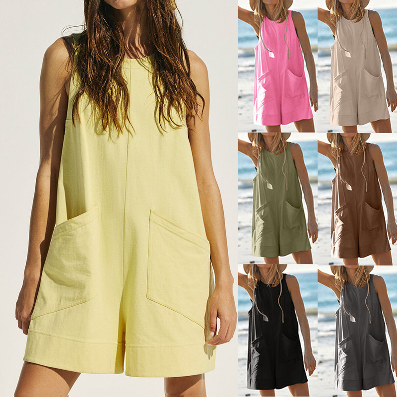 European and American Women's 2024 New Amazon Women's Sleeveless Vest Large Pocket Casual Overalls Jumpsuit Women