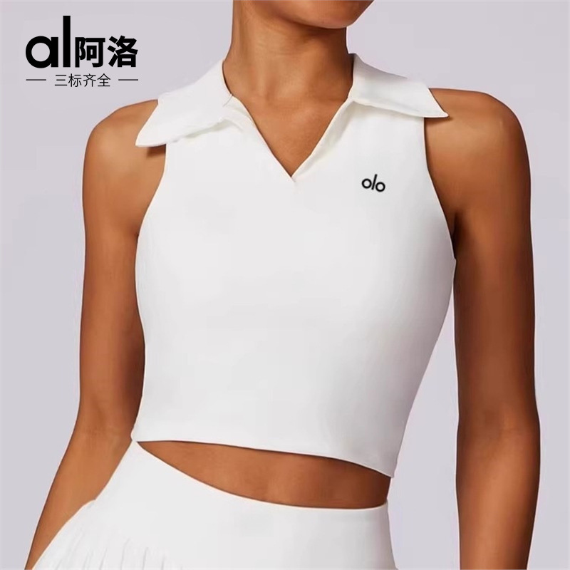 American Alo Fashion Yoga Vest Polo Collar Fitness Chest Pad Sports Running Training Top for Women