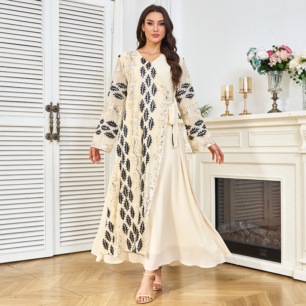 New Cross-border Dubai Abaya Clothing, Abaya, Middle Eastern Dress, Long-sleeved Sequined Arabic Gown_ecoleips.com
