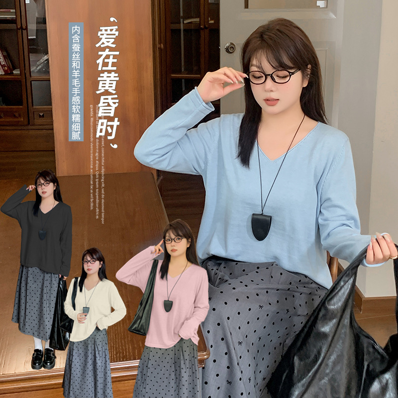 Enoch plus size Women's Lazy Style Naked Silk Wool Blend Stretch V-Neck Curl Base Shirt 411835