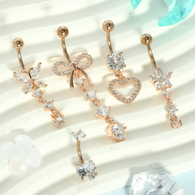 5-Piece Rose Gold Stainless Steel Belly Button Ring Set, Heart Butterfly Pendants, Zirconium Navel Ring Piercing Jewelry Wholesale detail image 5