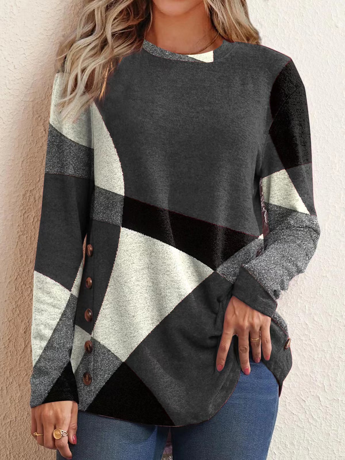 Elegant Color Block Round Neck Long Sleeve Regular Sleeve Printing Button T-shirt