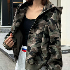 欧美跨境时尚迷彩连帽短外套宽松版型潮流设计街头风日常运动卫衣