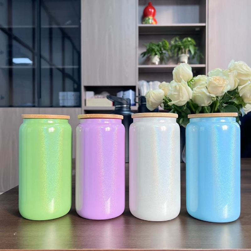 16oz comercio exterior gradiente de color de sublimación de vidrio electrochapado camaleón fluorescente arco iris pintura vidrio taza de agua taza de masón