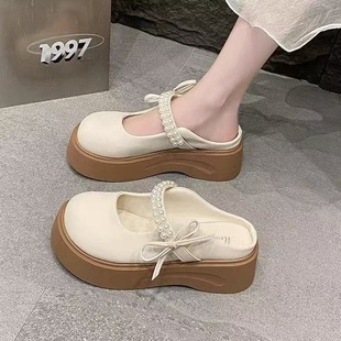 Mary Jane Outer Wear Baotou Half Slippers for Women 2025 Summer New Style Bow Pearl Birkenstock Shoes Thick-Soled Sandals