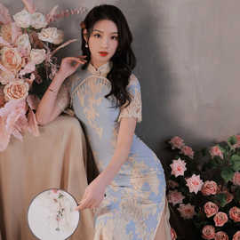 蕾丝水蓝色旗袍年轻款少女复古改良日常修身连衣裙春夏新款气质女