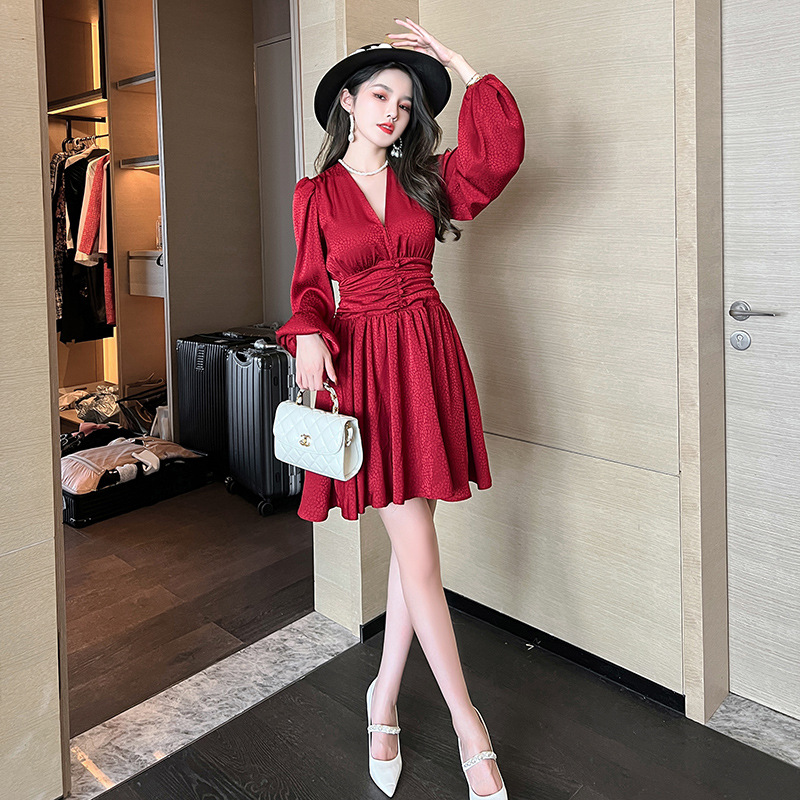 B8390 1390K VÁY ĐẦM LIỀN THÂN NỮ CHOTDNG DÁNG CHỮ A MÙA XUÂN THU ĐÔNG PHỤC CỔ CỔ ĐIỂN CỔ CHỮ V THỜI TRANG NỮ G04 SẢN PHẨM MỚI