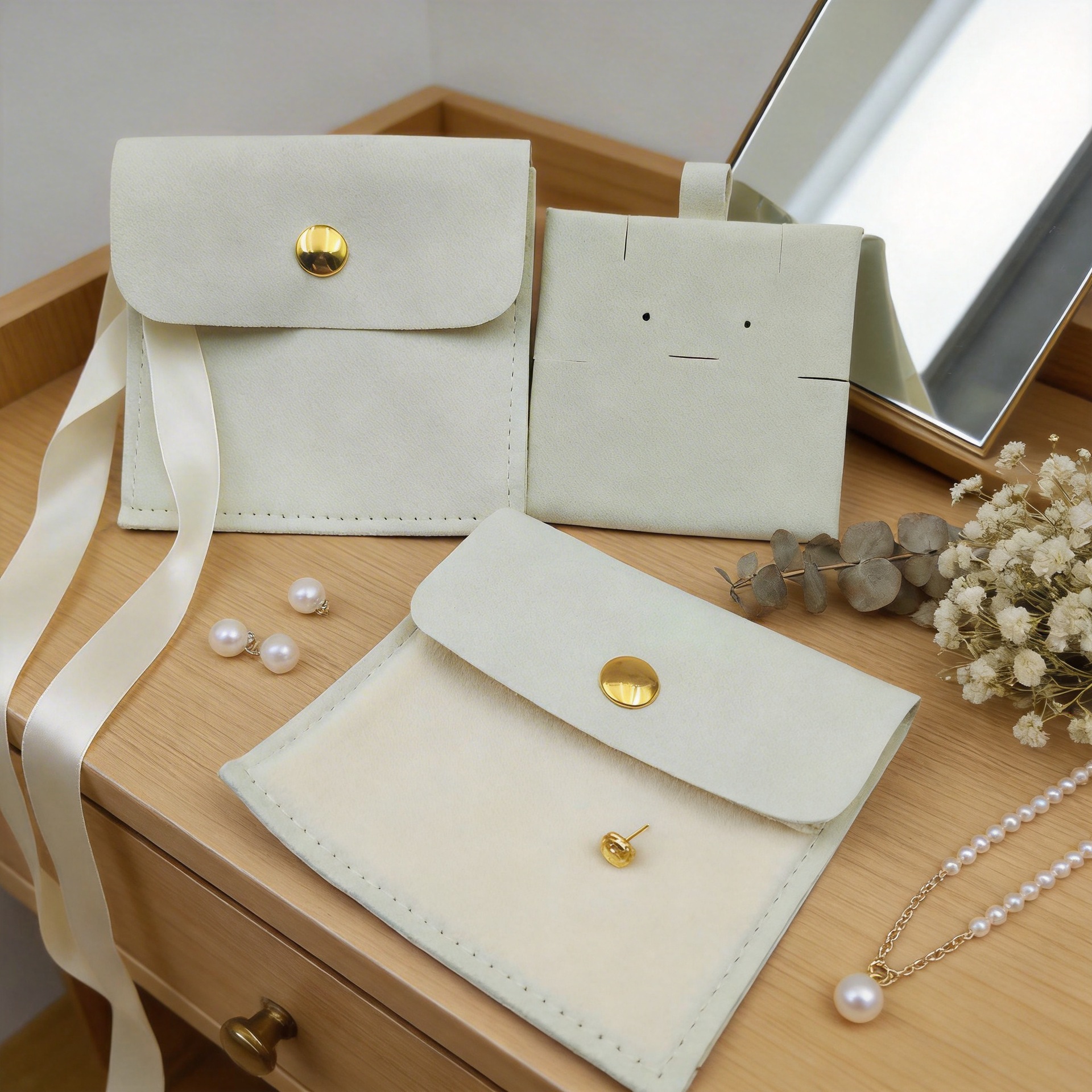 定制纯色pu皮哥翻盖袋项链珠宝耳环首饰金色按扣袋外出整理收纳袋