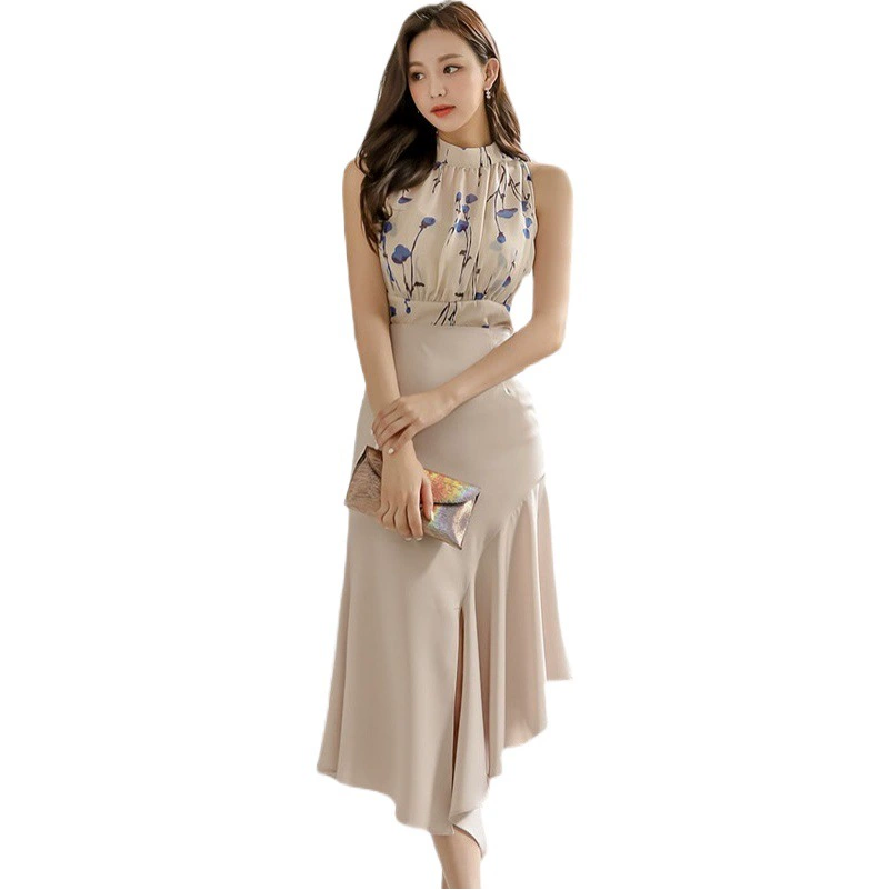 Женское платье для внешней торговли, новое летнее платье из двух частей, Приталенный топ с принтом, юбка с оборками и талией, 2021 в Корейском стиле
