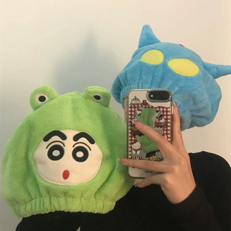 2025 Милый мультяшный шапочка для сушки волос Crayon Shin-chan из кораллового велюра, впитывающая воду, забавный пуловер-тюрбан для сушки волос