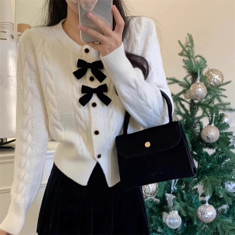 2026 Spring and Autumn New Style Outerwear Cable Knit Sweater Jacket with Bow and Shiny Thread in Solid Color for Women