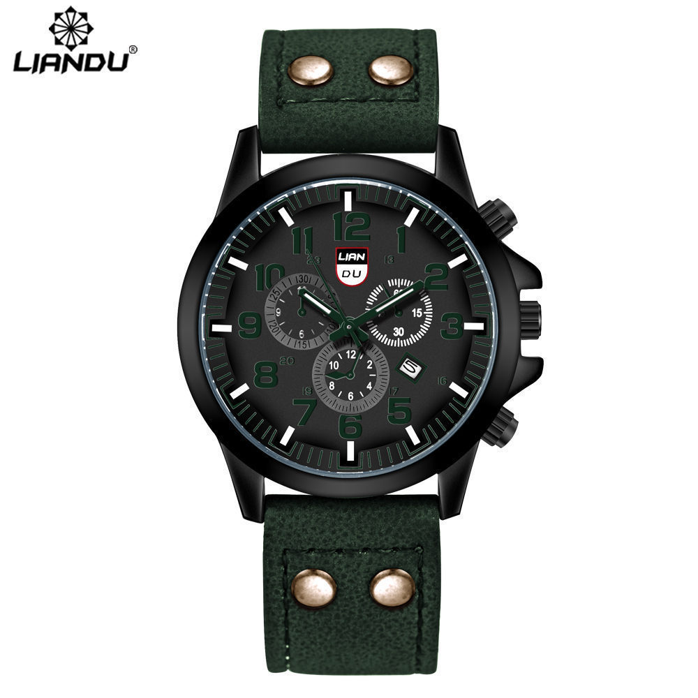 Men's Belt Quartz Watch Three Eyes Fashion Calendar Watch Double Nail PU Men's Watch Batch_voghion.com