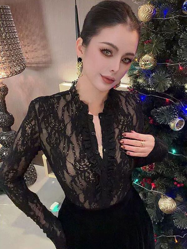 Purely Sexy Lace Shirt with Half-Open Collar for Women, 2026 New Spring Style, Slim Fit, Unique, Beautiful, and Stylish Top Purely Sexy Lace Shirt with Half-Open Collar for Women, 2026 New Spring Style, Slim Fit, Unique, Beautiful, and Stylish Top