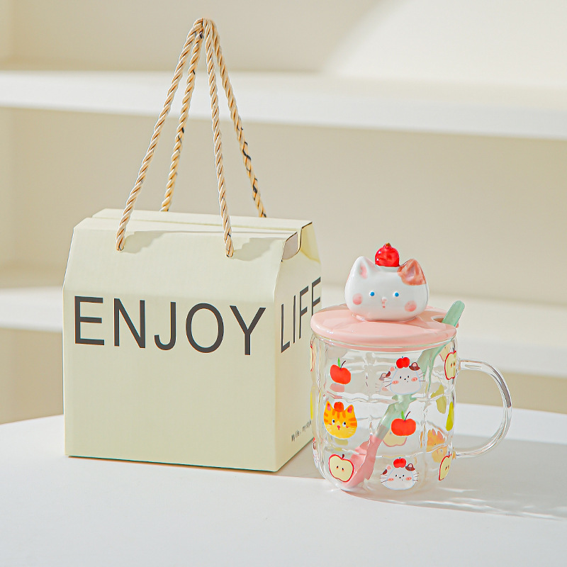 Gato estereoscópico pintado a mano alta resistencia al calor de vidrio de silicio de alta calidad de oficina con cubierta de cuchara de agua taza de dibujos animados taza de marca