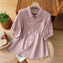 实拍图文艺宽松透气棉麻衬衫新款气质上衣女绣花设计百塔衬衣