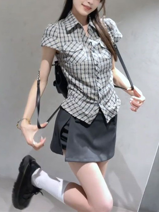韩系复古格子短袖衬衫女夏2025新款掐腰气质衬衣修身显瘦辣妹上衣|undefined