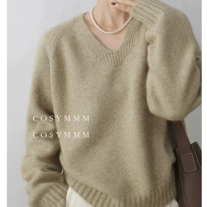 Осенний и зимний новый шерстяной свитер женский V-образный свободный ленивый ветер пуловер короткий рукав шерстяной вязаный нижний свитер